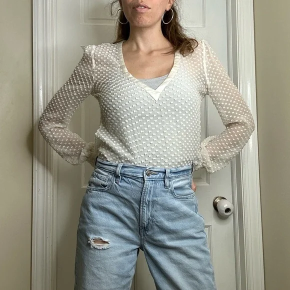 Beyond Vintage Swiss Dot V-Neck Long Sleeve Sheer Silk Top in White - Small - Picture 16 of 16